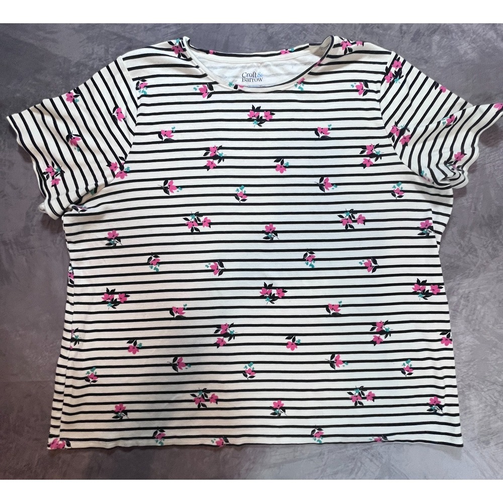 Croft & Barrow Classic Tee Shirt Womens 1X White Black Striped Floral Print Top